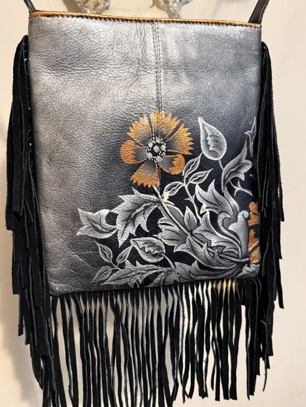 Biacci Vintage Hand Painted Leather Fringe Crossbody Bag